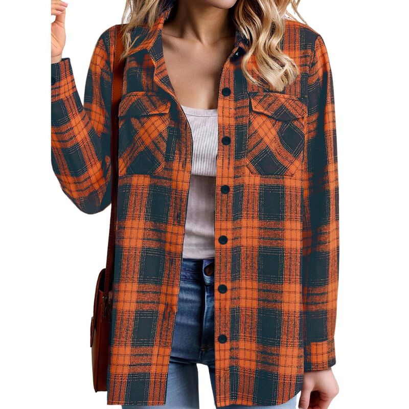 ジーグー レディース トップス プルオーバー トップ Zeagoo Women\u0027s Oversized Flannel Plaid Button Up Blouses Long Sleeve Western Fall Tops Orange And Navy Blue 米国海軍