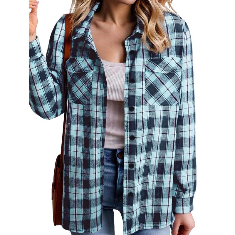ジーグー レディース トップス プルオーバー トップ Zeagoo Women\u0027s Oversized Flannel Plaid Button Up Blouses Long Sleeve Western Fall Tops Teal Blue 青色