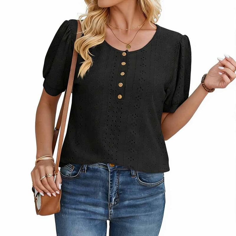 クリアフラワー レディース トップス シャツ クルーネック 半袖 ブラウス ClearFlower Women'summer Short-Sleeve Blouseyelet Button Front Crewneck Top with Puff Sleeves Black ブラック|ReVida 店