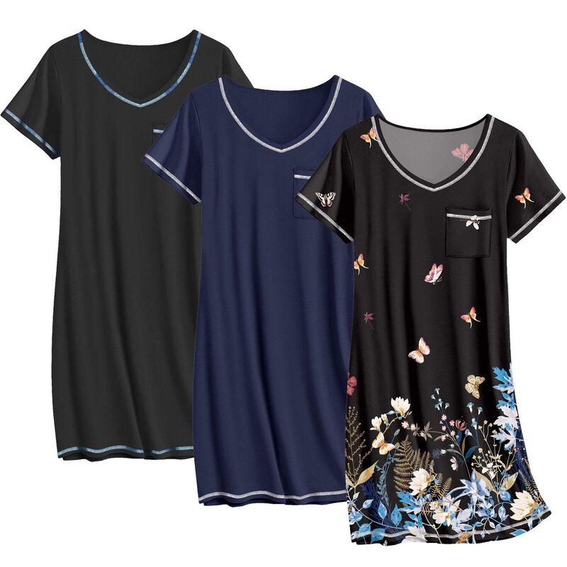 エコアー レディース アンダーお召しもの ナイト爵お召しもの Vのど首 プルオーバー Ekouaer Three Pack Nightgownsleep Shirts T Shirt Night Gown V Neck Nightshirtsoft Dress Black Blue Butterfly 黒いこと