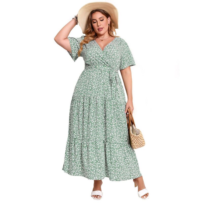 セオリア レディース トップス ワンピース Vネック ハイウエスト プラスサイズ フリル マキシ Seoria Women Plusize V Neck Wrap Maxi Dresshort Sleeves High Waist Ruffle Casual Dress with Belt Green White Flowers ホワイト｜ReVida 店