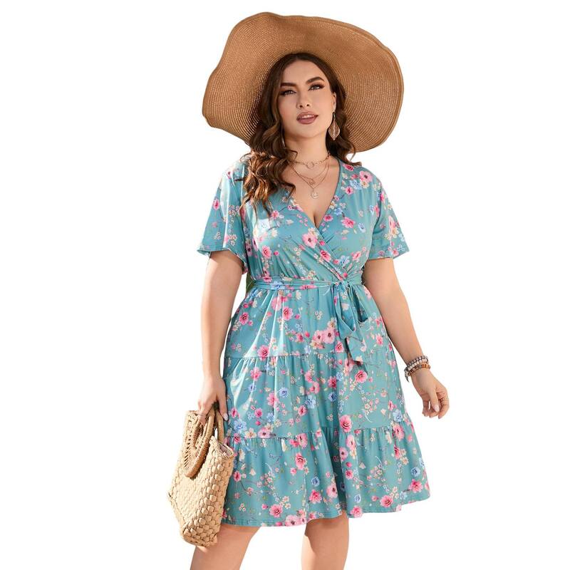 コジョイン レディース トップス ワンピース Vネック ハイウエスト プラスサイズ フリル ミディ Kojooin Women Plusize V Neck Wrap Dress High Waist Short Sleeve Ruffle Midi Dress with Belt Green Pink ピンク|ReVida 店