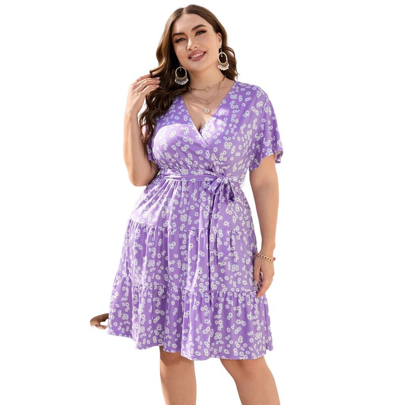 コジョイン レディース トップス ワンピース Vネック ハイウエスト プラスサイズ フリル ミディ Kojooin Women Plusize V Neck Wrap Dress High Waist Short Sleeve Ruffle Midi Dress with Belt Purple Flower パープル|ReVida 店
