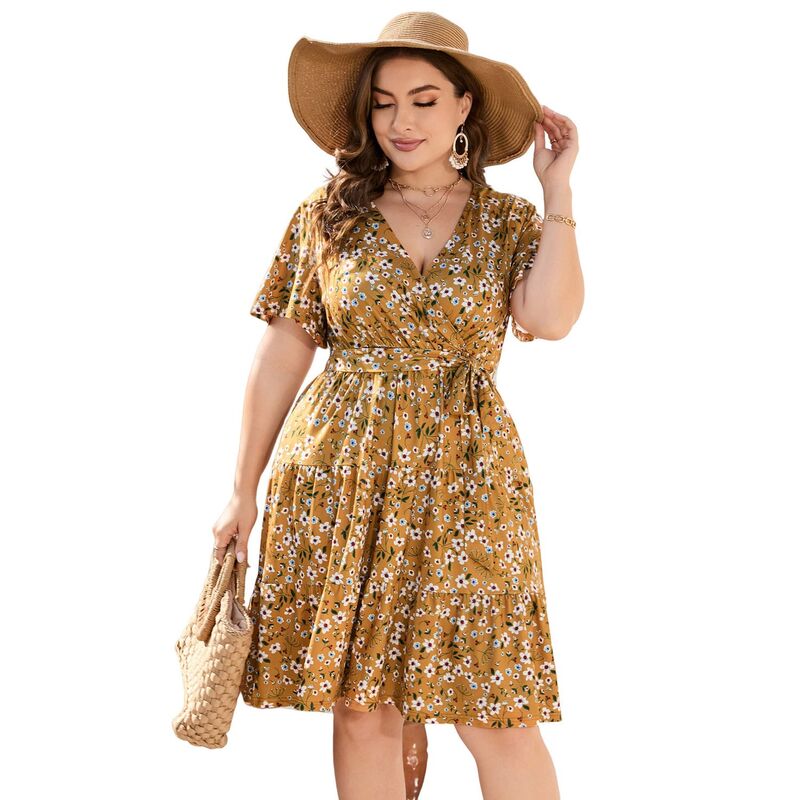 コジョイン レディース トップス ワンピース Vネック ハイウエスト プラスサイズ フリル ミディ Kojooin Women Plusize V Neck Wrap Dress High Waist Short Sleeve Ruffle Midi Dress with Belt Yellowhite ホワイト|ReVida 店