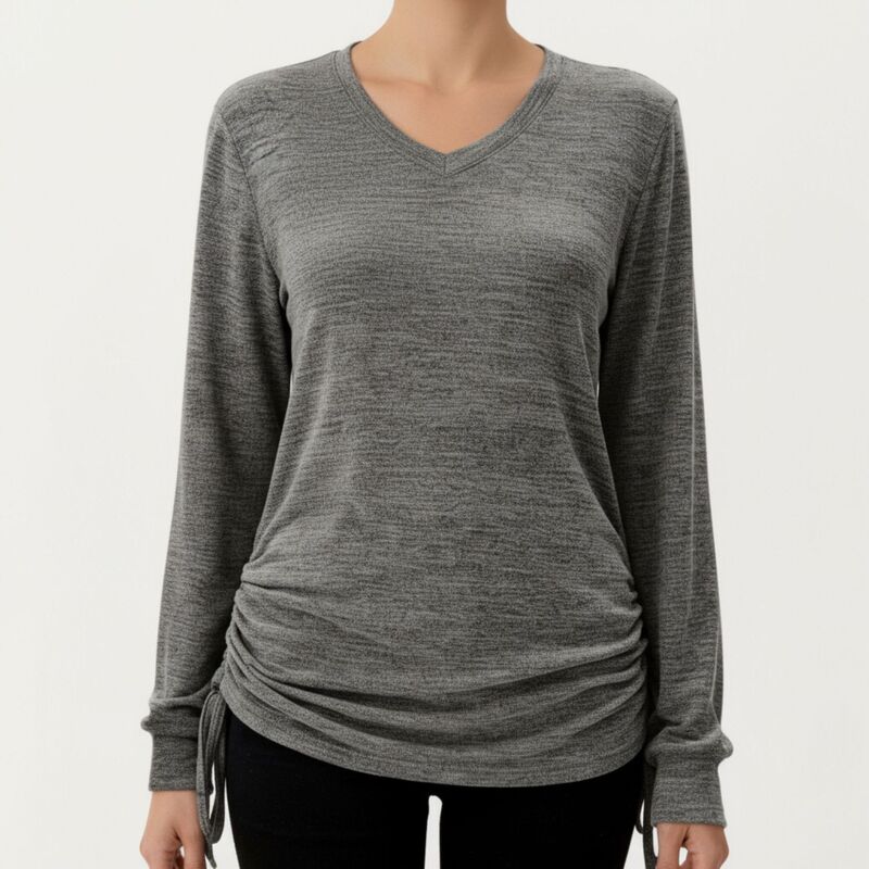 アンナカシ レディース トップス Tシャツ Vネック ギャザー Anna-Kaci Women's Long Sleeve V-Neck Top with Side Drawstring Ruched Hem Dark Gray グレー｜ReVida 店
