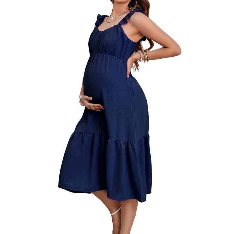 エリートスピリット レディース トップス ワンピース ティアード フリル ミディ ノースリーブ マタニティ EliteSpirit Womens Maternity Midi Dressquare Neck Ruffled Sleevelesstraps Flowy Tieredress Navy Blue ネイビー｜ReVida 店