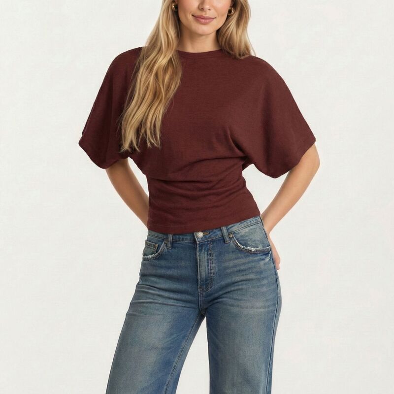 アンナカシ レディース トップス Tシャツ クロップド Anna-Kaci Women'short Sleeve Cropped Top with Wide Waistband Relaxed Blouson Fit Burgundy バーガンディ|ReVida 店