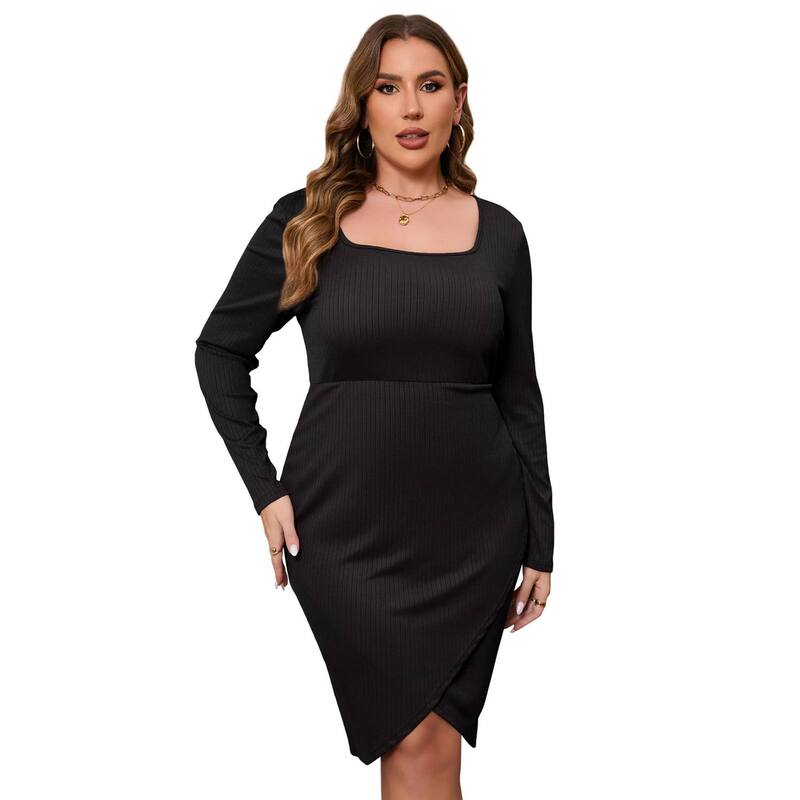 セオリア レディース トップス ワンピース プラスサイズ ミディ Seoria Womens Plusize Cocktail Dressquare Neck Long Sleeve Weddinguest Basic Semi Formal Midi Dress Black ブラック｜ReVida 店 9,610円