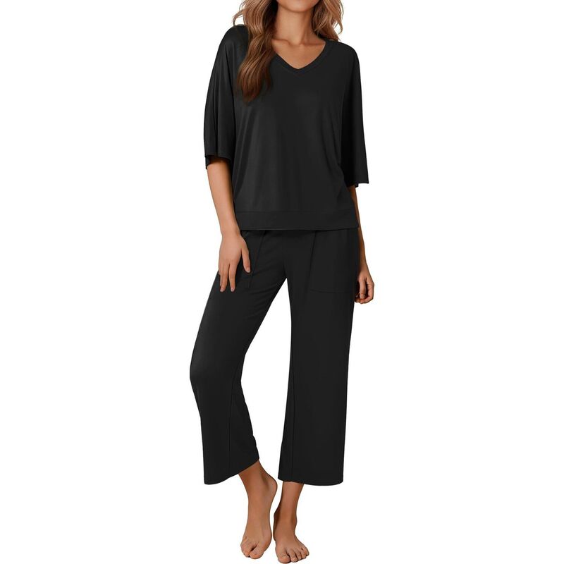 エコアー レディース アンダー御召しもの ナイト爵御召しもの ズボン下 Ekouaer Women ’ s 2 Piece Pajama Set Outfits with Pocketshort Sleeve Top Wide-Leg Lounge Pants Black 黒いこと