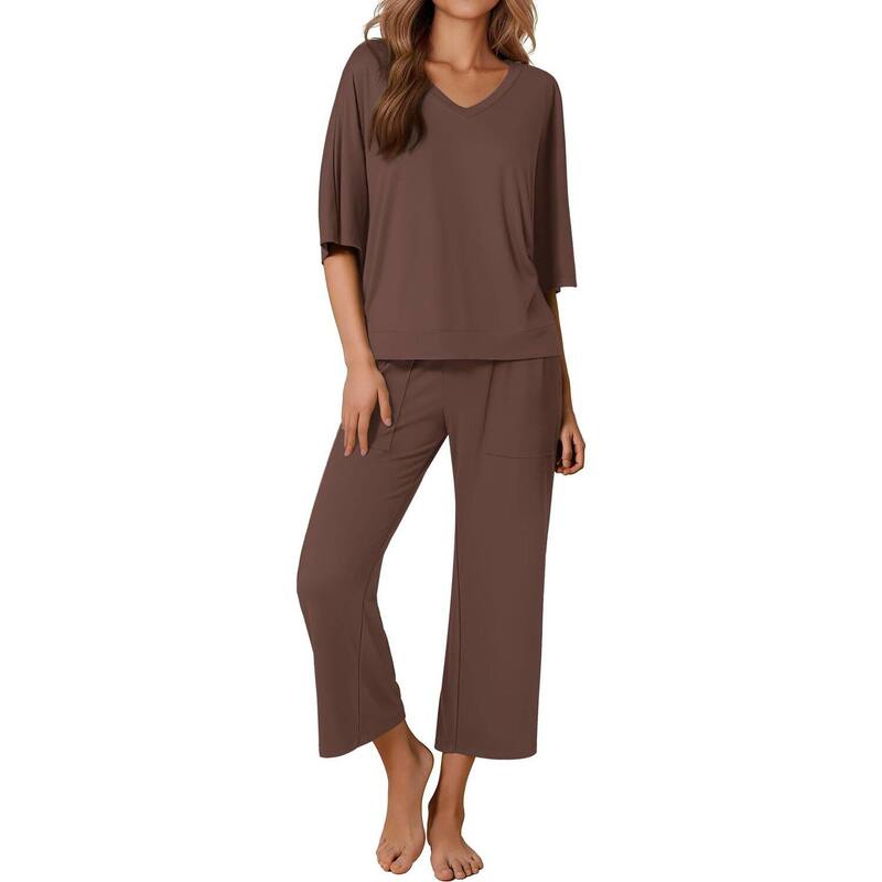 エコアー レディース アンダー御召しもの ナイト爵御召しもの ズボン下 Ekouaer Women ’ s 2 Piece Pajama Set Outfits with Pocketshort Sleeve Top Wide-Leg Lounge Pants Brown 赤銅色