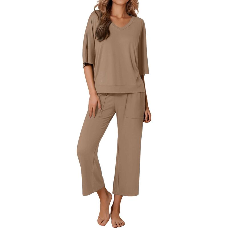 エコアー レディース アンダー御召しもの ナイト爵御召しもの ズボン下 Ekouaer Women ’ s 2 Piece Pajama Set Outfits with Pocketshort Sleeve Top Wide-Leg Lounge Pants Khaki カーキ