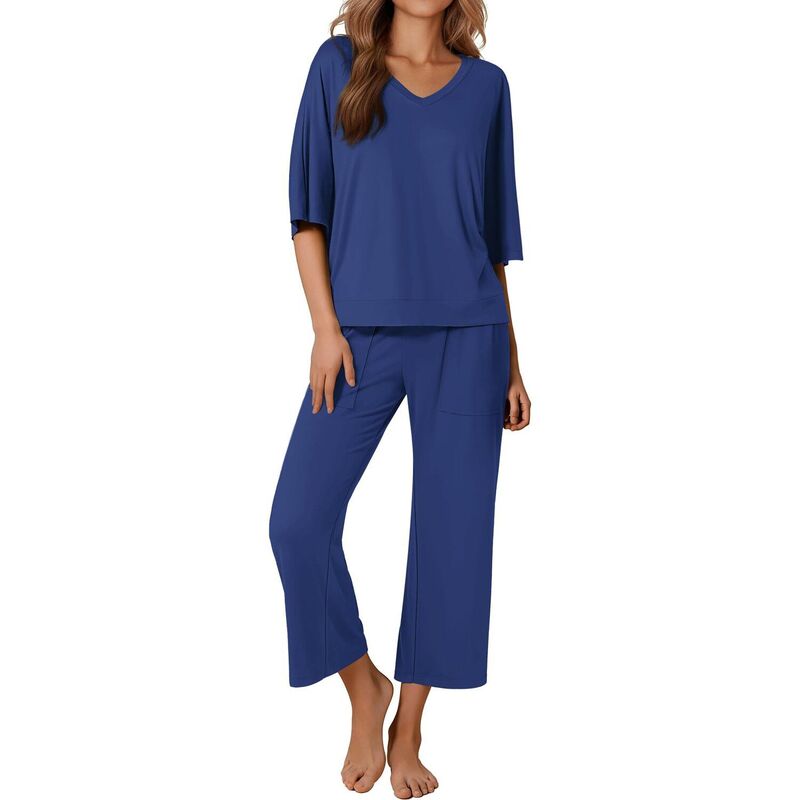 エコアー レディース アンダー御召しもの ナイト爵御召しもの ズボン下 Ekouaer Women ’ s 2 Piece Pajama Set Outfits with Pocketshort Sleeve Top Wide-Leg Lounge Pants Navy Blue 米国海軍