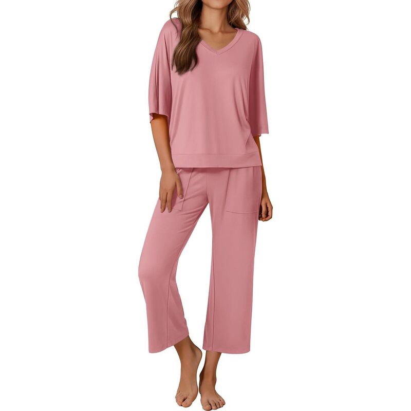 エコアー レディース アンダー御召しもの ナイト爵御召しもの ズボン下 Ekouaer Women ’ s 2 Piece Pajama Set Outfits with Pocketshort Sleeve Top Wide-Leg Lounge Pants Old Rose