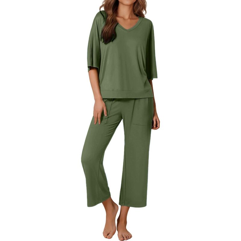 エコアー レディース アンダー御召しもの ナイト爵御召しもの ズボン下 Ekouaer Women ’ s 2 Piece Pajama Set Outfits with Pocketshort Sleeve Top Wide-Leg Lounge Pants Olive Green 緑であること