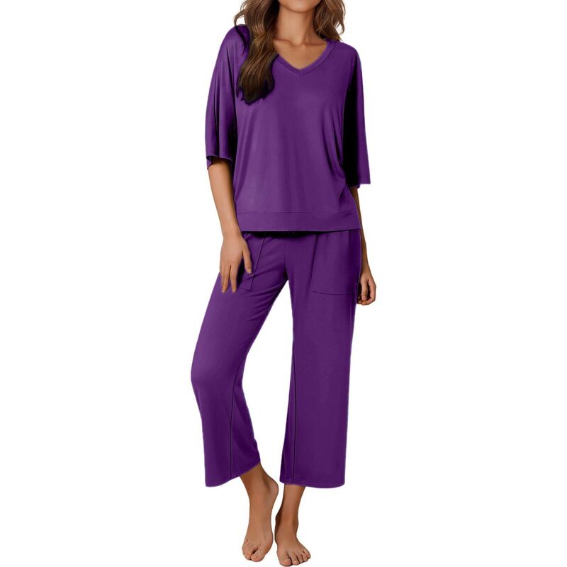 エコアー レディース アンダー御召しもの ナイト爵御召しもの ズボン下 Ekouaer Women ’ s 2 Piece Pajama Set Outfits with Pocketshort Sleeve Top Wide-Leg Lounge Pants Purple パープル