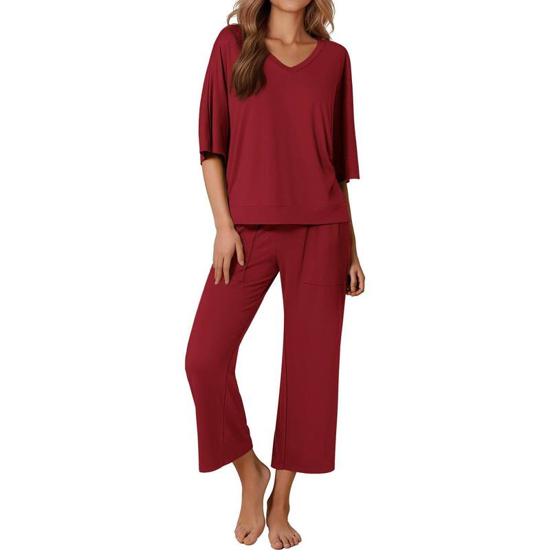 エコアー レディース アンダー御召しもの ナイト爵御召しもの ズボン下 Ekouaer Women ’ s 2 Piece Pajama Set Outfits with Pocketshort Sleeve Top Wide-Leg Lounge Pants Wine Red 赤いこと