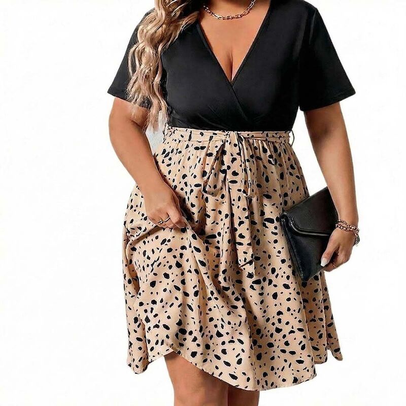 セオリア レディース トップス 衣装 Vのど首 刷り上げる ミニ Seoria Short Sleeve V Neck Mini Dress Leopard Printie Waist Casual Dress Apricot 杏