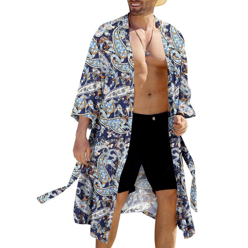 クーファンディ レディース アンダーお召しもの ナイト爵お召しもの ジレー COOFANDY Men\u0027 Lightweight Kimono Robe Japanese Bathrobes Open Front Cardigan Cloak with Belt Blue 青色