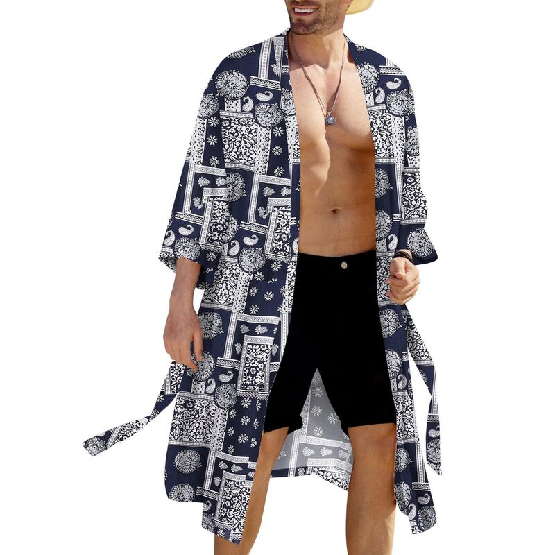 クーファンディ レディース アンダーお召しもの ナイト爵お召しもの ジレー COOFANDY Men\u0027 Lightweight Kimono Robe Japanese Bathrobes Open Front Cardigan Cloak with Belt Navy Paisley Blue 米国海軍