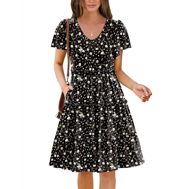 ジーグー レディース トップス 衣装 Vのど首 ティアード フラウンス ミニ Zeagoo Women\u0027s V Neck Ruffle Sleeve Tiered Mini Boho Flowy Sundress with Pockets Black White Green 白いこと