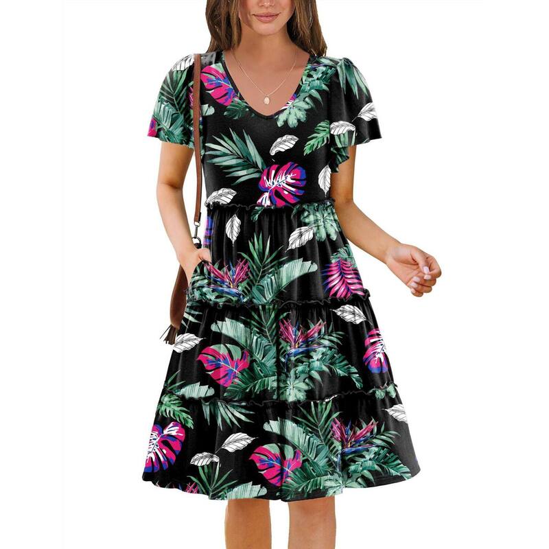 ジーグー レディース トップス 衣装 Vのど首 ティアード フラウンス ミニ Zeagoo Women\u0027s V Neck Ruffle Sleeve Tiered Mini Boho Flowy Sundress with Pockets Green Black Teal 黒いこと