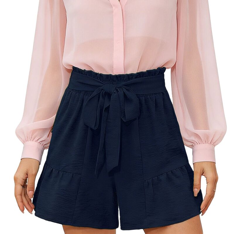 クリアフラワー レディース ボトムス ハーフパンツ・ショーツ A ライン フリル ショートパンツ ClearFlower Women'shorts with Belt - Ruffled High Waisted Elastic A-Line Casual Summer Shorts Blue ブルー｜ReVida 店