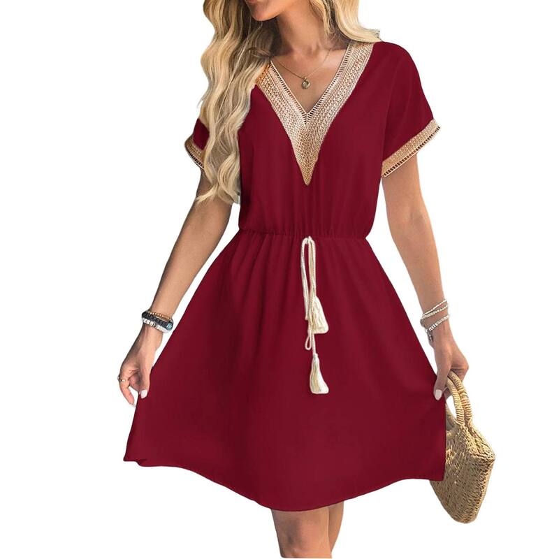 セオリア レディース トップス 衣装 Vのど首 A 生産ライン スピード競技刈り込み スピード競技 Seoria Womenshort Sleeve Dress V Neck Lace Trim Tassel Tie Waist A Line Dress Casual Beach Vacation Dress Wine Red 赤いこと