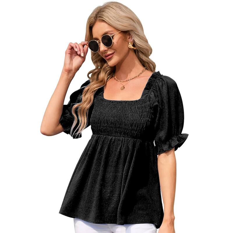 コジョイン レディース トップス シャツ ブラウス Kojooin Women Spuare Neck Blouse Half Sleeve Shirts Babydoll Tops Business Casualantern Sleeve Tunic Black ブラック|ReVida 店