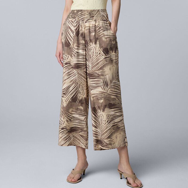 ヴェラウォン レディース ボトムス カジュアルパンツ ワイドレッグ プチ クロップド Petite Simply Vera Wang Cropped Wide Leg Travel Pants Brown Palm Allover ブラウン｜ReVida 店