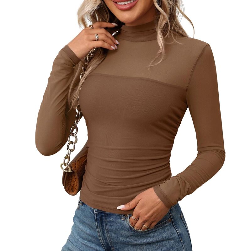 クリアフラワー レディース トップス シャツ スリムフィット タートルネック メッシュ シアー ClearFlower Women'semi-Turtleneck Mesh Long Sleeve Top Sheer Bodycon Slim Fit Shirt Brown ブラウン｜ReVida 店