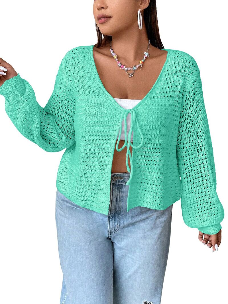 マキシスマーチ レディース アウター ニット・セーター プラスサイズ カーディガン Maxxis Merch Women's Plusize Cardigan Hollow Out Open Knit Sweater Tie Front Shrug Long Sleeve Lightweightop Mint Green グリーン|ReVida 店