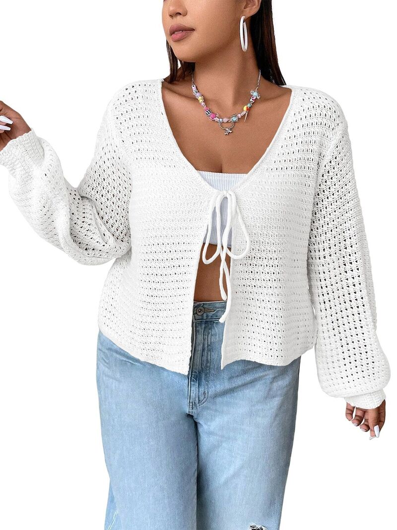 マキシスマーチ レディース アウター ニット・セーター プラスサイズ カーディガン Maxxis Merch Women's Plusize Cardigan Hollow Out Open Knit Sweater Tie Front Shrug Long Sleeve Lightweightop White ホワイト|ReVida 店