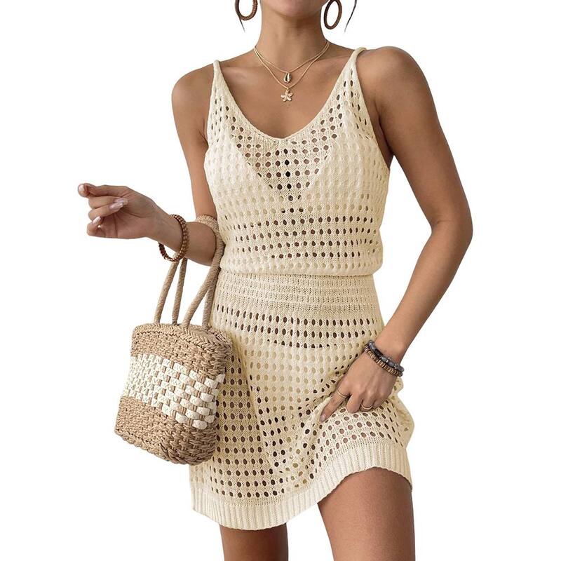 ジョイジョイ レディース トップス ワンピース JoyJoy Women's Crochet Hollow-Out Sling Dress Elasticated Waist Versatile Beach Cover-Up for Summer Apricot アプリコット|ReVida 店