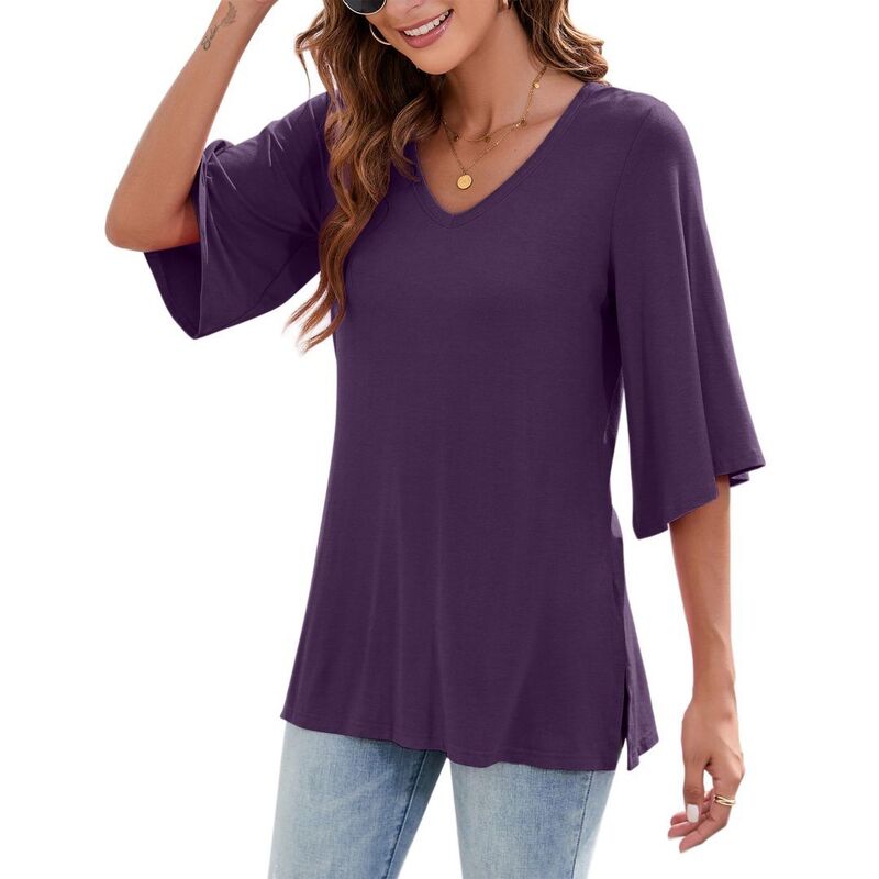 ボディサイズ レディース トップス シャツ Vネック コットン ブラウス BODDYSIZE Womens 3/4 Length Sleeve Tops V Neck T Shirts Dressy Casual Blouses Cotton Basic Tees Dark Purple パープル｜ReVida 店
