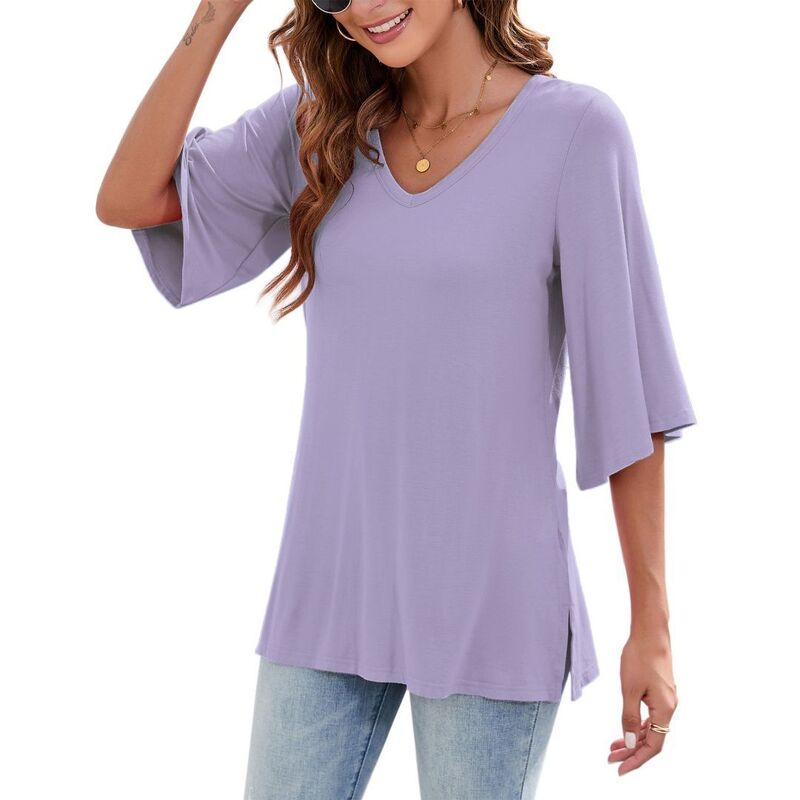 ボディサイズ レディース トップス シャツ Vネック コットン ブラウス BODDYSIZE Womens 3/4 Length Sleeve Tops V Neck T Shirts Dressy Casual Blouses Cotton Basic Tees Lilac ライラック｜ReVida 店