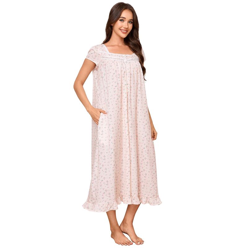 セオリア レディース アンダー御召しもの ナイト爵御召しもの Seoria Nightgown for Women Short Sleeve Button Square Neck Nightdress with Pockets Beige ベージュ