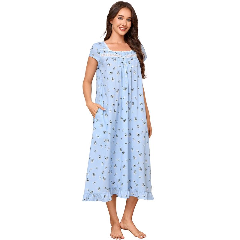 セオリア レディース アンダー御召しもの ナイト爵御召しもの Seoria Nightgown for Women Short Sleeve Button Square Neck Nightdress with Pockets Blue 青み