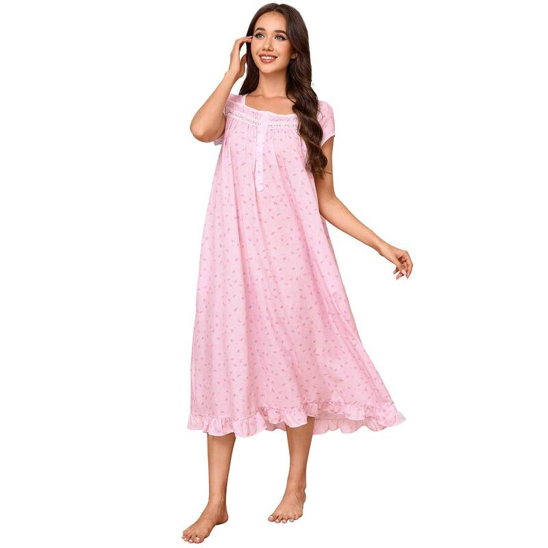 セオリア レディース アンダー御召しもの ナイト爵御召しもの Seoria Nightgown for Women Short Sleeve Button Square Neck Nightdress with Pockets Pink サクラ色