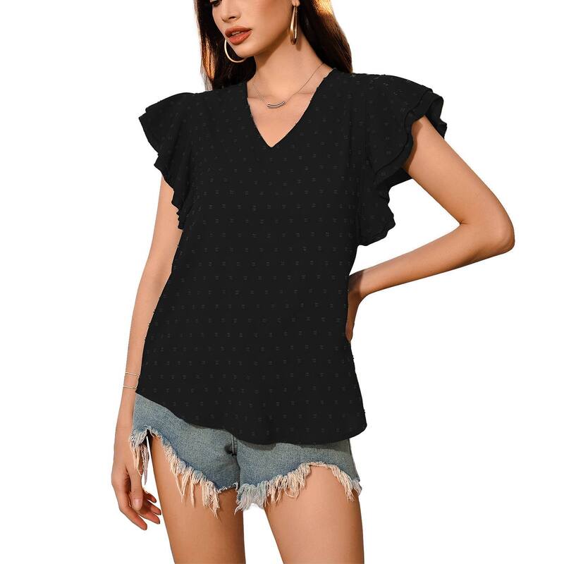 クリアフラワー レディース トップス シャツ Vネック フリル ブラウス ClearFlower Women's V Neck Ruffle Short Sleeve Blouse Summer Textured Lightweight Casual Daily Top Black ブラック｜ReVida 店