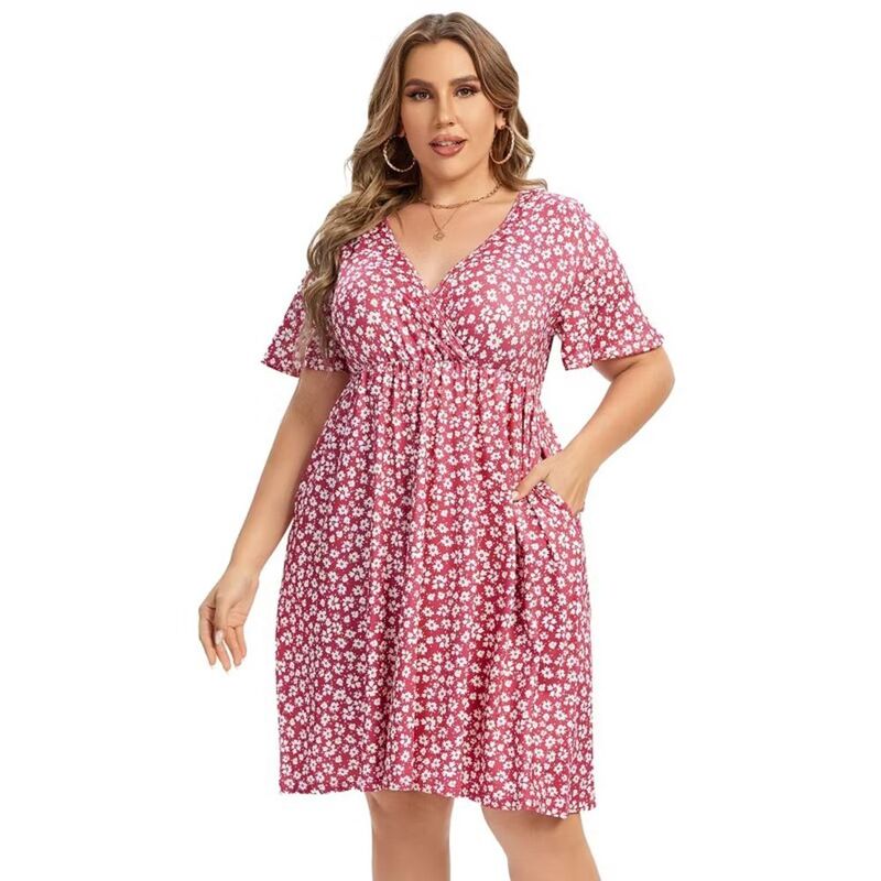 セオリア レディース トップス ワンピース Vネック A ライン フラワー柄 プラスサイズ フリル ミディ フラワー Seoria Women's Plusize Floral Midi Dress Wrap V Neck Ruffle Short Sleeve A Line Casual Dress Pink Chrysanthemum ピンク｜ReVida 店