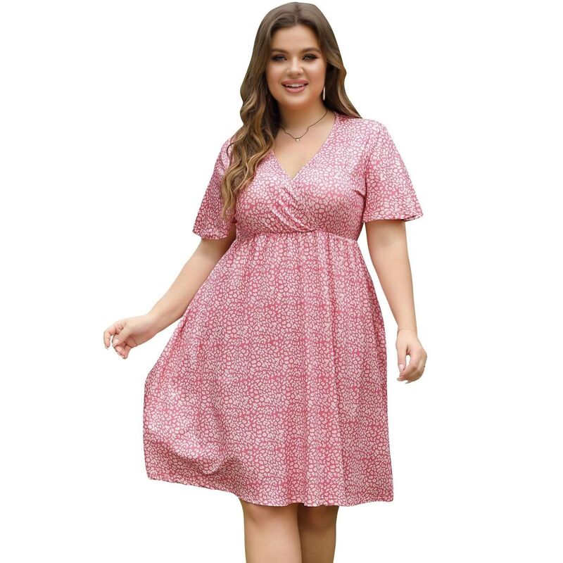 セオリア レディース トップス ワンピース Vネック A ライン フラワー柄 プラスサイズ フリル ミディ フラワー Seoria Women's Plusize Floral Midi Dress Wrap V Neck Ruffle Short Sleeve A Line Casual Dress Pink Leopard Print ピンク｜ReVida 店