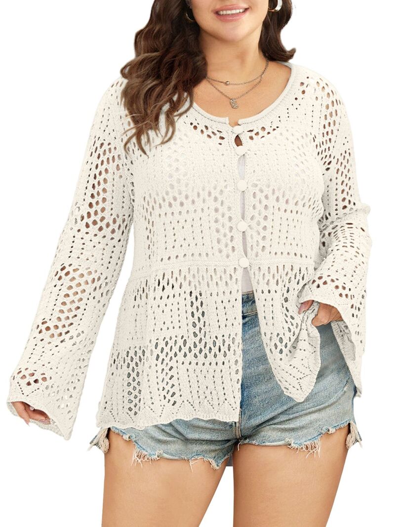 ファンジュライ レディース アウター ニット・セーター プラスサイズ カーディガン FUNJULY Women's Plusize Crochet Cardigan Hollow Out Bohemian Sweater Button Detail Knitop White ホワイト|ReVida 店