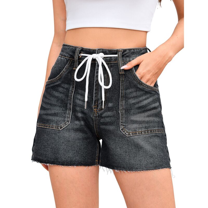 セオリア レディース ボトムス 二分の一ズボン下・さる股引き 遊撃手ズボン下 Seoria Women Casual Drawstring Jean Shorts with Pocket Black 黒いこと