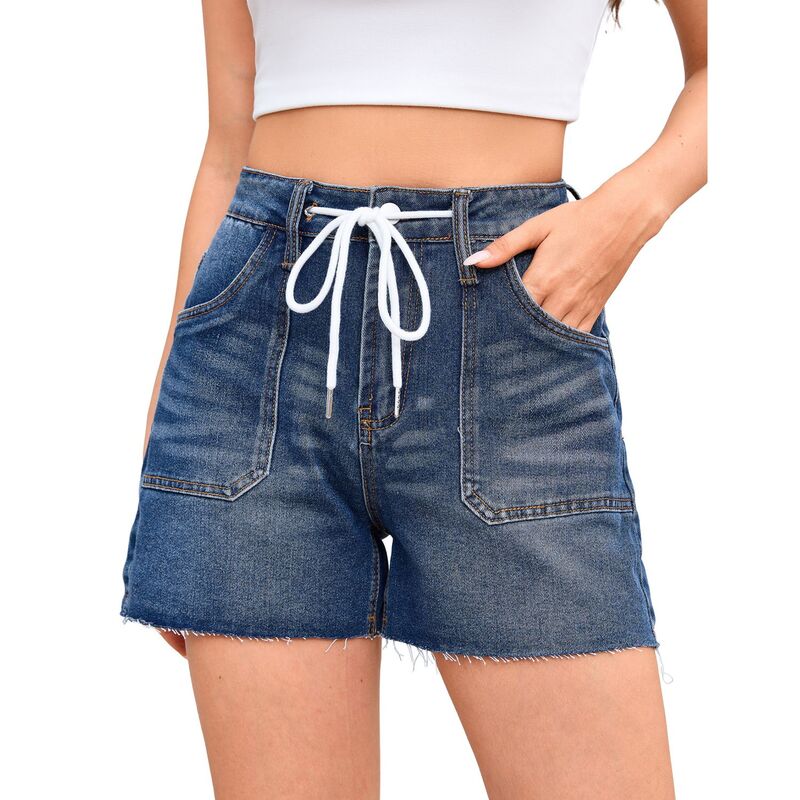 セオリア レディース ボトムス 二分の一ズボン下・さる股引き 遊撃手ズボン下 Seoria Women Casual Drawstring Jean Shorts with Pocket Dark Blue 青色