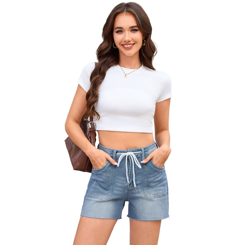 セオリア レディース ボトムス 二分の一ズボン下・さる股引き 遊撃手ズボン下 Seoria Women Casual Drawstring Jean Shorts with Pocket Light Blue 青色