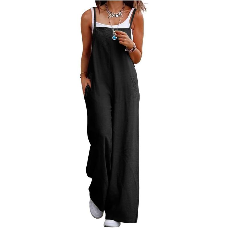イエスファッション レディース トップス ワンピース ワイドレッグ ロンパース オーバーオール ノースリーブ ジャンプスーツ Yesfashion Womens Casualoose Jumpsuits Boho Wide Leg Rompersleeveless Overalls with Pockets Black ブラック|ReVida 店