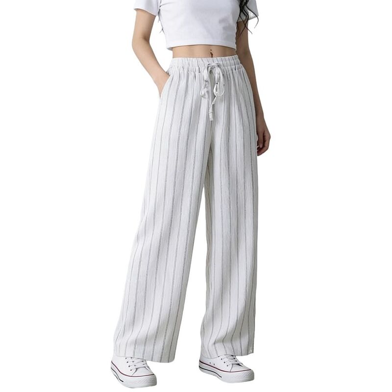 せつ然たる御花 レディース ボトムス 心地よいズボン下 ワイドレッグ ClearFlower Women\u0027stripedrawstring Wide Leg Pants Vertical Straightrousers Elegant Slimming Casual Pants White 白いこと