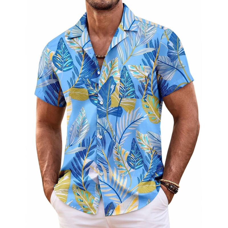 クーファンディ レディース トップス Tシャツ ボタンダウン フラワー柄 ダウン フラワー COOFANDY Mens Hawaiian Shirt Short Sleeve Button Down Shirts Tropical Floral Summer Beach Shirtsky Blue Palm Leaf ブルー｜ReVida 店