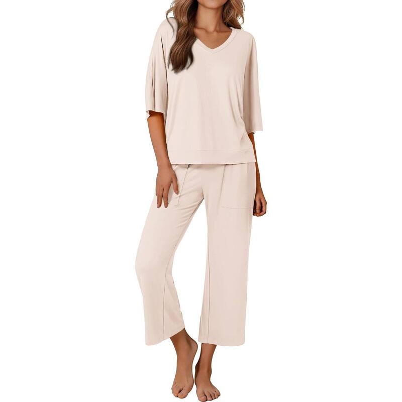 エコアー レディース アンダー御召しもの ナイト爵御召しもの ズボン下 Ekouaer Women ’ s 2 Piece Pajama Set Outfits with Pocketshort Sleeve Top Wide-Leg Lounge Pants Beige ベージュ