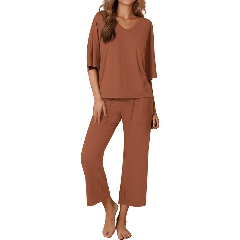 エコアー レディース アンダー御召しもの ナイト爵御召しもの ズボン下 Ekouaer Women ’ s 2 Piece Pajama Set Outfits with Pocketshort Sleeve Top Wide-Leg Lounge Pants Camel 駱駝